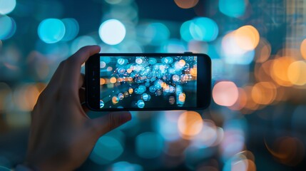 A person captures a vibrant city night scene with their smartphone, showcasing colorful bokeh lights and urban nightlife.