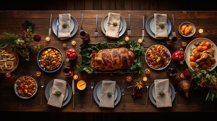A wooden table with a festive holiday meal setup, captured from above