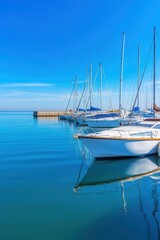 Obraz premium Tranquil sailboats docked in a sunny harbor under a blue sky