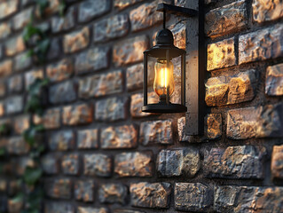 A brick wall with a light shining on it. The light is on a lamp that is hanging from the wall