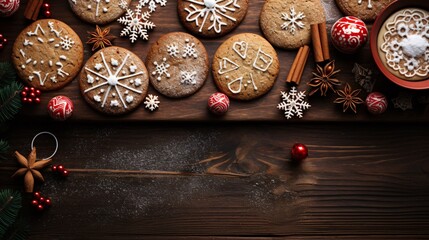 A wooden table with a festive holiday cookie decorating setup, viewed from above