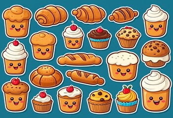 Flat Vector Bakery Icons: Croissant, Basket, Curd Bun, Muffin, Perfect for Branding
