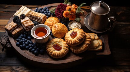 Fototapeta premium A wooden table with a selection of pastries and tea, captured from above