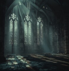 Obraz premium Eerie Luminescence from Church Windows Piercing the Darkness, Hinting at the Sinister Secrets Within - A Gothic Art Illustration