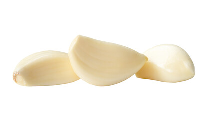 Side view of peeled white garlic cloves in stack isolated with clipping path in png file format