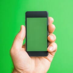 Holding a smartphone with a green background in a bright studio setting