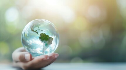 A person holds a crystal globe symbolizing environmental awareness and the beauty of our planet.
