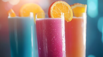 Fototapeta premium Three colorful tropical smoothies, vibrant hues, orange, pink, and blue, tall clear glasses, fruit slices garnish, condensation droplets, intense sunlight, lens flare, backlit, shallow depth of field.