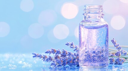 A beautiful arrangement of lavender flowers and essential oil in a glass bottle, perfect for wellness and relaxation themes.