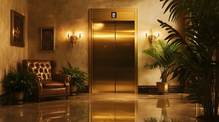 Warm golden lighting, elevator lobby, luxury hotel interior, textured concrete walls, brass elevator doors, ornate wall sconces, large framed mirror, tropical plants, potted palms, leather armchair.