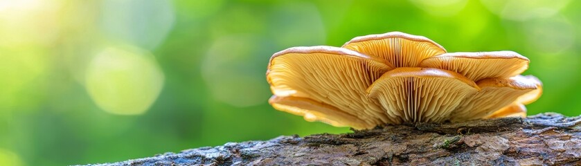 A beautiful close-up of a vibrant mushroom growing on a log, showcasing nature's intricate details and rich colors in a forest setting.