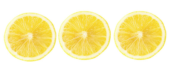 Top view set of three fresh yellow lemon halves isolated with clipping path in png file format