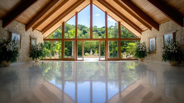 Large indoor area features a stunning view of a green garden through expansive windows, with a polished floor reflecting the architectural beauty