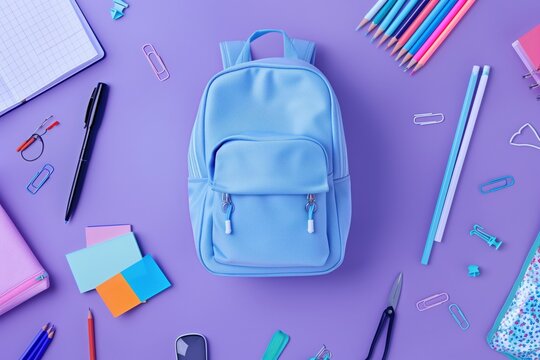 Blue school backpack on a purple background next to coloured pencils notebooks and pens - Powered by Adobe