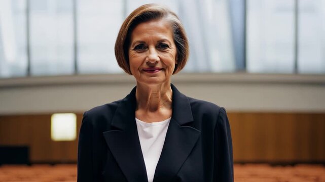 A poised professor woman in formal attire stands confidently in the center of an empty auditorium, surrounded by rows of seats.