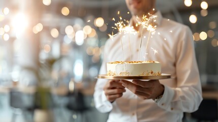 Waiter holding a birthday cake with sparklers.  The cake is on a silver platter.  The waiter is wearing a white shirt.  The background is blurred.