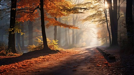 Obraz premium Autumn forest with a blanket of multicolored leaves and misty light rays
