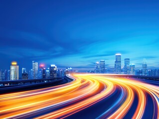 Fototapeta premium Vibrant city lights illuminate the night sky over urban highway at dusk