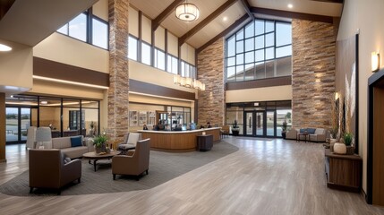 Large indoor area features a stunning view of a green garden through expansive windows, with a polished floor reflecting the architectural beauty