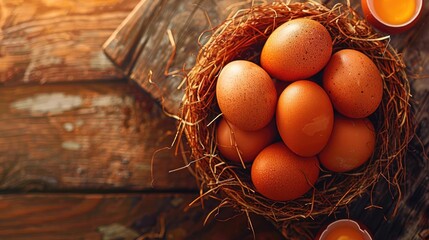 A beautiful arrangement of fresh brown eggs nestled in a rustic straw nest on a wooden surface, evoking a sense of natural food.