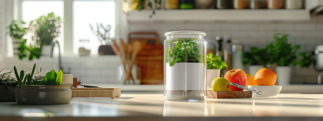 Clear Spice Vintage Cylinder Jar with Mint on Kitchen Countertop for Home Decor and Culinary Storage