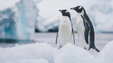Fototapeta premium Penguins enjoying playtime in a glacial bay, icy landscape, natural habitat