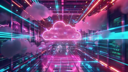 A futuristic server room with a neon cloud symbol at the end of a path lined with bright lights. Generative AI