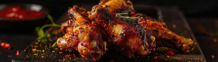 Deliciously grilled chicken wing, coated with spicy sauce and served on a dark wooden plate, garnished with herbs and spices.