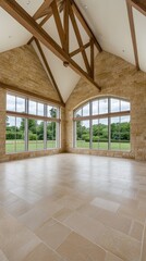 Obraz premium Large indoor area features a stunning view of a green garden through expansive windows, with a polished floor reflecting the architectural beauty