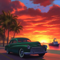 Classic green car driving along the coast at sunset with palm trees and ocean view
