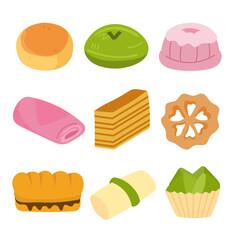 Indonesian traditional snacks food vector set, indonesian sweet desserts, flat illustration design template elements, kue basah jajanan pasar tradisional indonesia