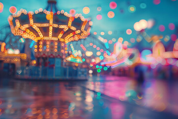 Fully blurred defocused background of an amusement park or state fair carusell, bokeh lights in the evening
