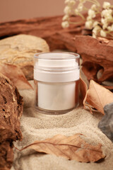 Luxury Cream Jar Mockup with Natural Sand and Leaves