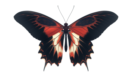 A butterfly with black and red wings isolated on a transparent background