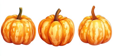 A set of three bright orange pumpkins sitting on a white background, perfect for fall or Halloween-themed designs