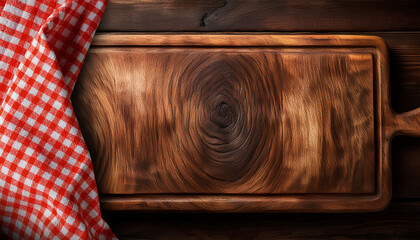 Old wooden cutting board with a red and white checkered tablecloth on a wooden table with copy space. Template for recipes or food and drink menu. Generative Ai.