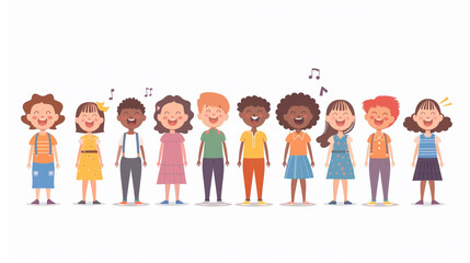 Obraz premium A group of children are standing in a line, together singing a song in a choir.