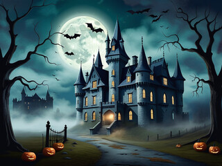 Haunted Castle on a Misty Halloween Night