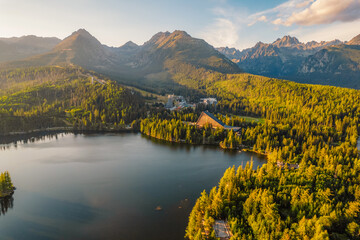 Mountain lake Strbske pleso. Strbske lake with view of the High Tatras National Park, Slovakia