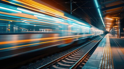 Fototapeta premium High-speed train passing through modern station with motion blur at night