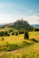 Fototapeta premium Aerial view of the Spiš Castle near Spisska Kapitula Slovakia, Tatra Mountains on the horizon