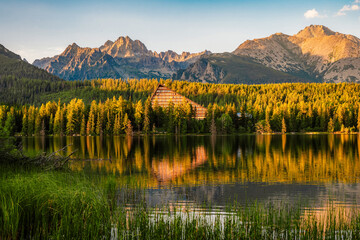 Mountain lake Strbske pleso. Strbske lake with view of the High Tatras National Park, Slovakia