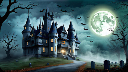 Haunted Gothic Castle on Full Moon Night with Bats
