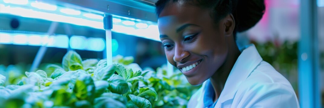 African American woman scientist examining an hydroponic vertical farm. Renewable agriculture. Panoramic photography (3:1)