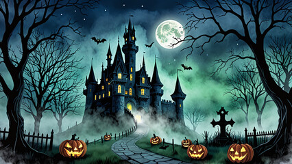 Haunted Castle on Halloween Night with Jack-o'-Lanterns and Full Moon