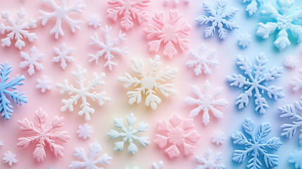 Colorful, vibrant snowflakes beautifully arranged on a pastel background