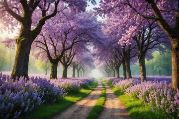 Obraz premium Fantasy background . Magic forest with road.Beautiful spring landscape.Lilac trees in blossom