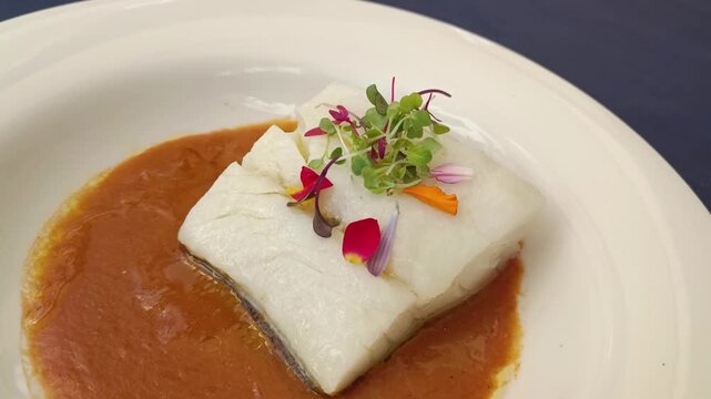 Porci&oacute;n de bacalao fresco con salsa de n&eacute;coras servido en plato de porcelana blanco