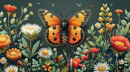 Bug view of insects interacting with various plants, emphasizing the importance of biodiversity and sustainable practices in maintaining ecological balance. high resolution Illustration, in the style