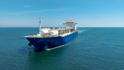 Aerial view of LPG gas ship. Gas carrier, gas tanker sailing in ocean